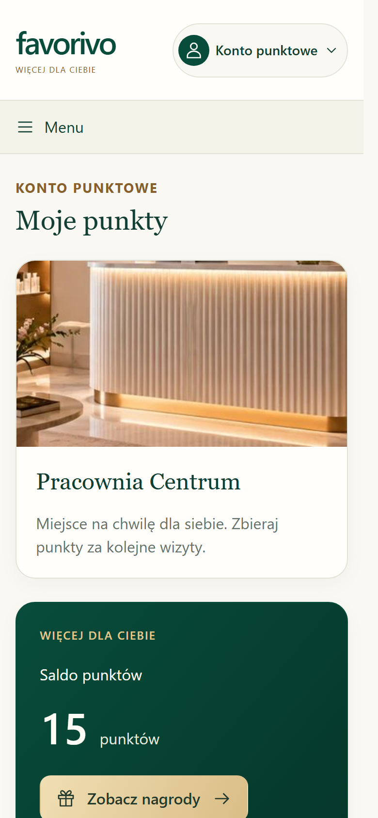Przykładowe konto klienta pokazujące punkty i nagrody.